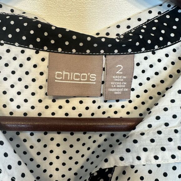 Chicos 2 Top Size 12 Large Black White Polkadot Button Down Shirt HiLow Roll Tab - Picture 8 of 10
